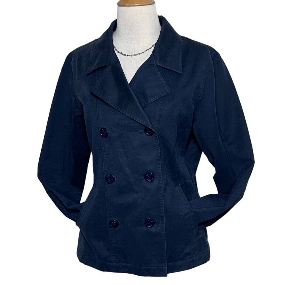LL‎ Bean Navy Blue Double Breasted Cotton Pea Coat Jacket Women's Small